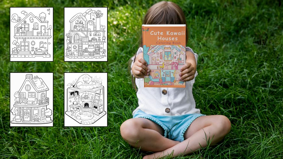 A child sitting on the grass holding Cute Kawaii Houses, next to sample pages