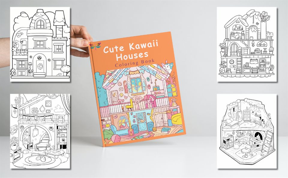 Sample coloring pages from Cute Kawaii Houses: house exteriors and cozy rooms