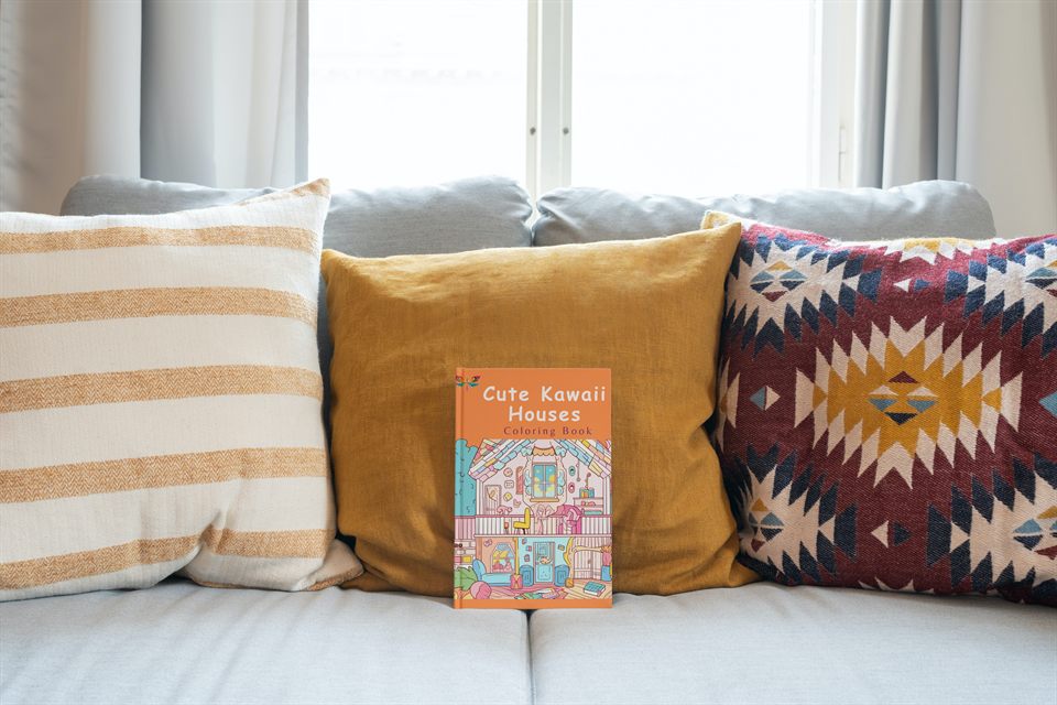 Cute Kawaii Houses Coloring Book on a sofa with cushions